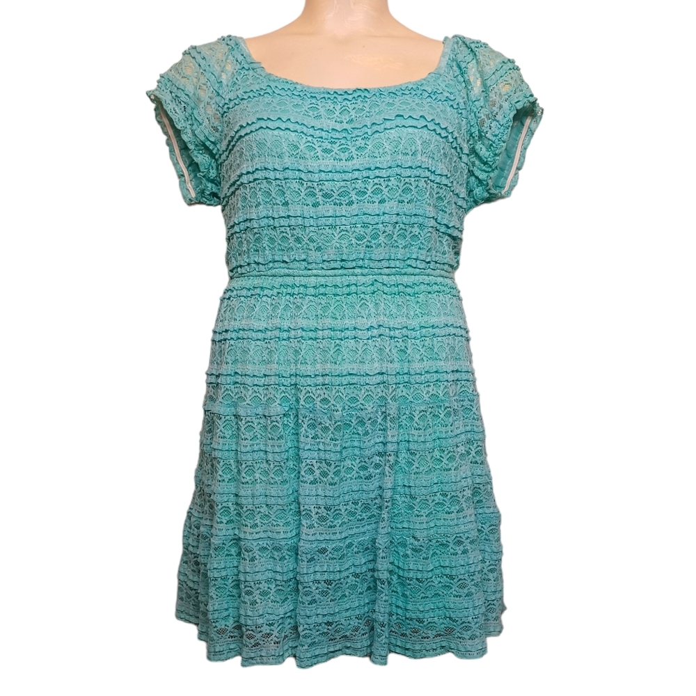TRIXXI Blue Turquoise Lace Short Sleeve Stretchy Summer Dress X-Large